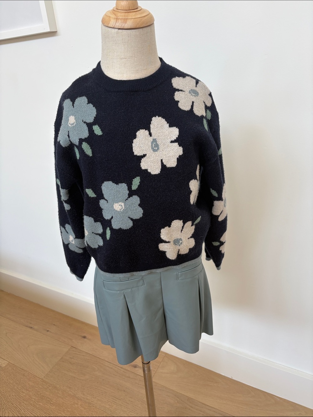 Mayoral Black Floral Sweater and Sage Green Pleated Mini Set